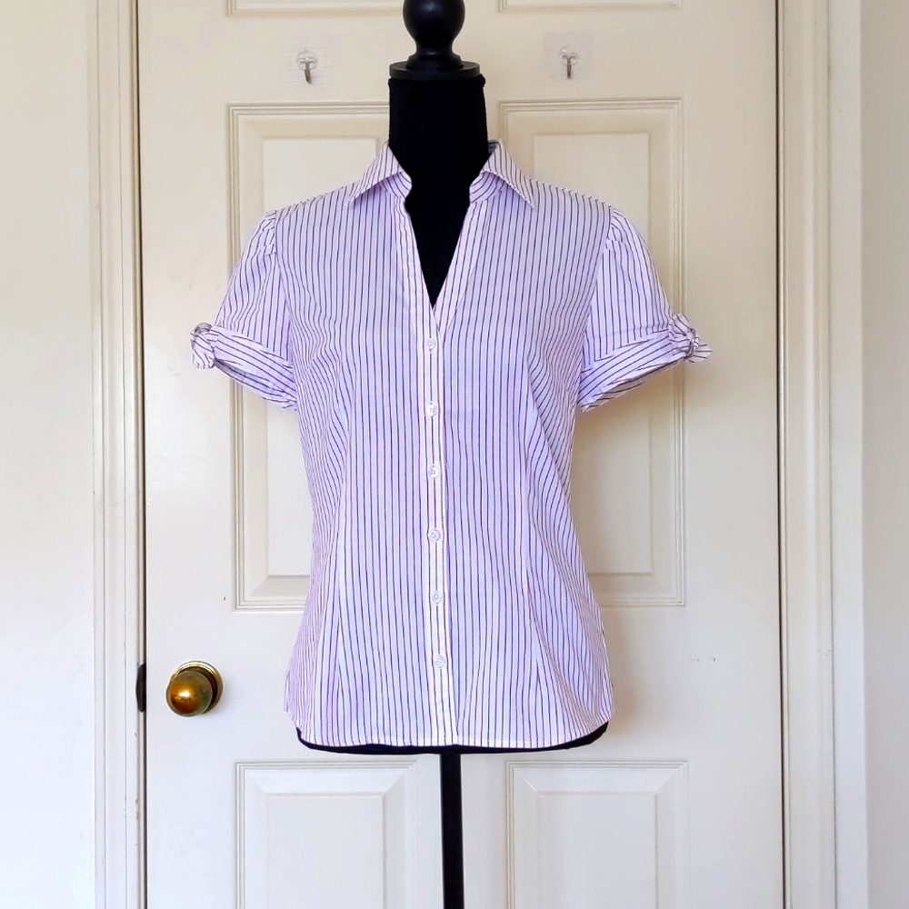 NWOT Express Design Studio Short Sleeve Button Down Stripe Shirt w/chrome decor.